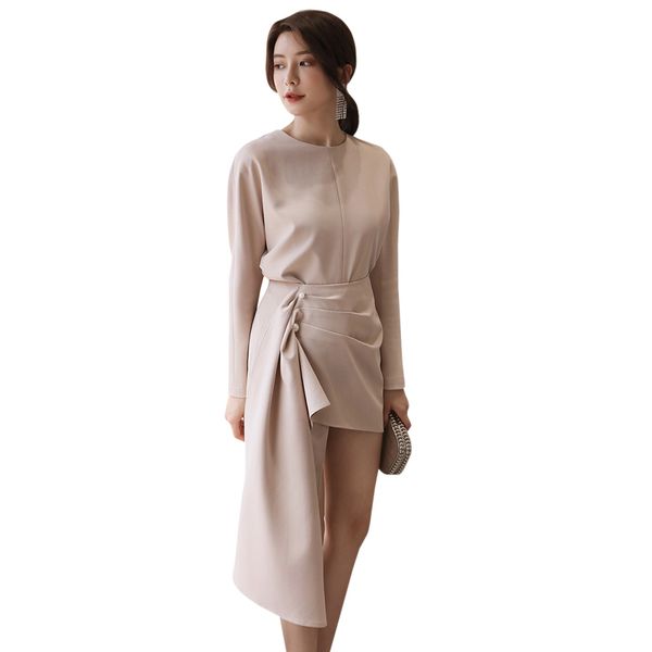 

casual clothing woman summer suit set women's clothing set khaki round neck long sleeve + buttoned ruch asymmetrical skirt, White