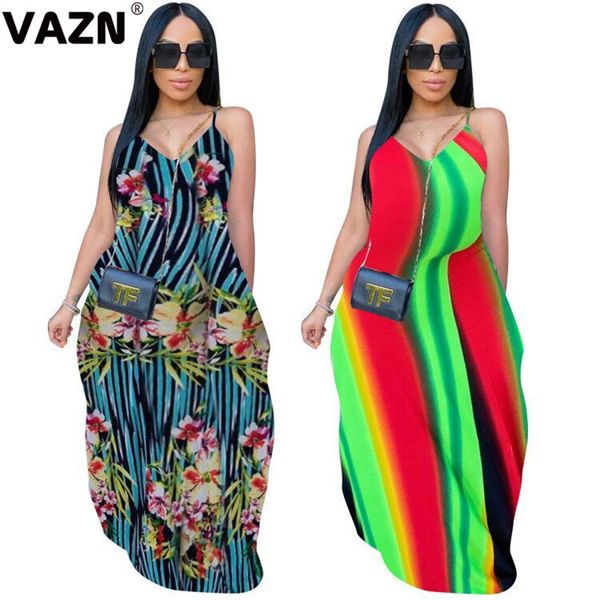 

casual dresses vazn prairie chic 2021 summer lady 2 color sprint design gfloor-length dress spaghetti strap v-neck loose beach, Black;gray