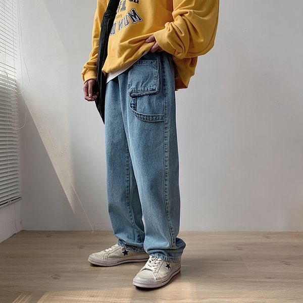 

2019 men's baggy homme classic jeans blue color casual pants cargo pocket decoration biker denim loose trousers plus size -xl