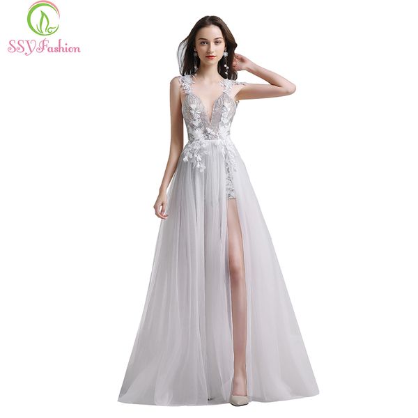 

ssyfashion new white lace evening dress v-neck backless beach dress vestidos de fiesta banquet flower party formal gowns, White;black