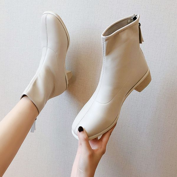 

round toe shoes fashion boots woman low heels booties boots-women mid-calf booties women winter footwear lace up punk 2019 short, Black