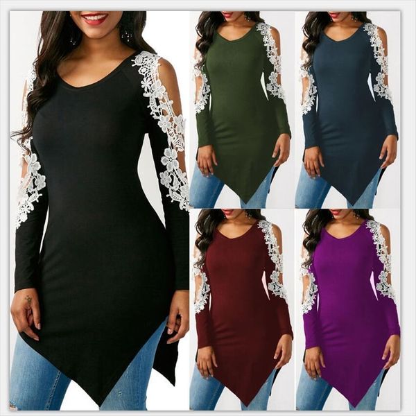 

women's round collar hollowed-out shoulder stitching long sleeve women's round collar hollowed-out shoulder lace stitching long sl, White