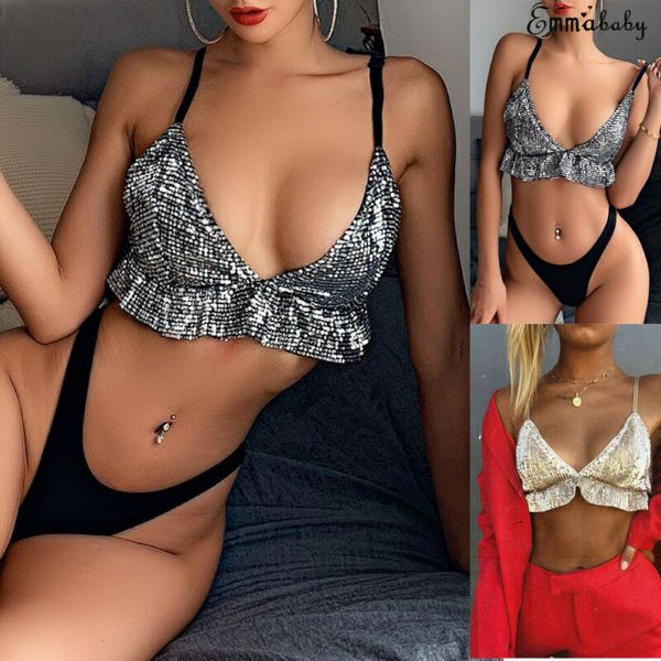 

new fashion sequin sparkly halter neck bra camisole crop lace up women backless vest, White