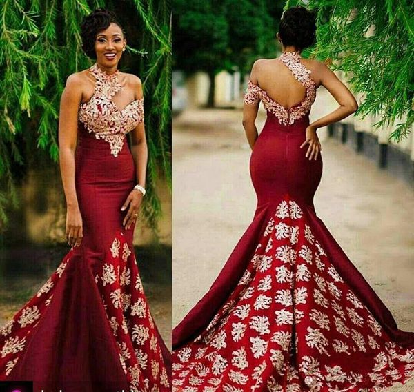 

2019 dark red mermaid long evening dresses high neck chapel train zipper back mermaid formal evening gowns prom dresses, Black