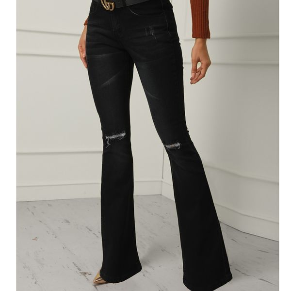 

women's jeans black classic long high waist bell bottom flare for women boot cut wide leg pants ladies knee hole slim fit stretch, Blue