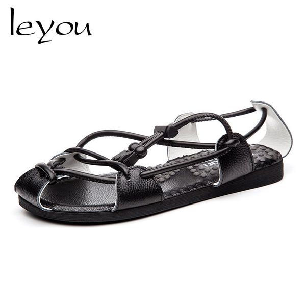 

leyou men sandals leather summer shoes men sandals gladiator lace cork 2019 flat close shoes new, Black