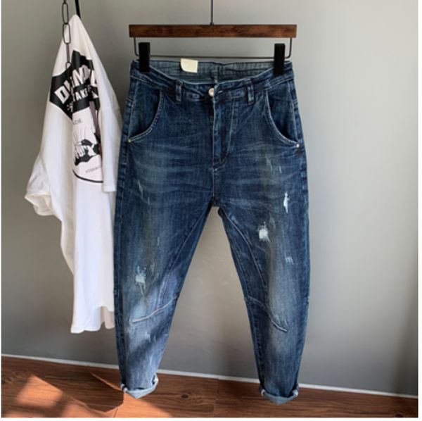 

deep blue fake male cone hole popular logo torre texture twill jeans feet pants loose small haroun pants
