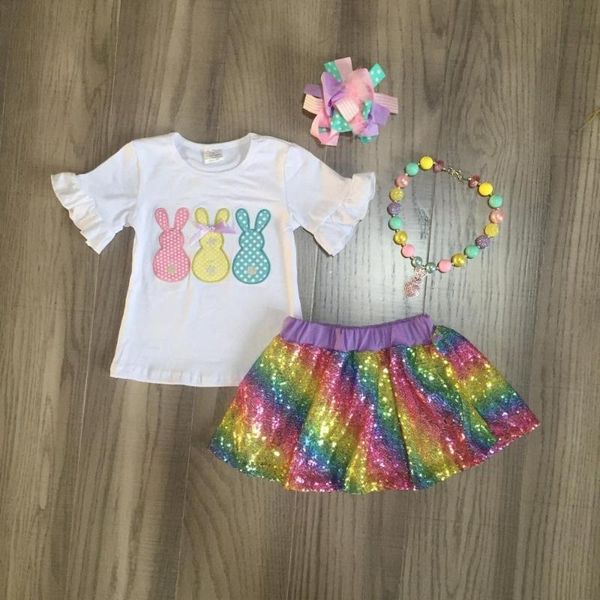 

baby girls easter outfits girls 3 colors shirt with rainbow sequins dress cute outfit with accessories, White