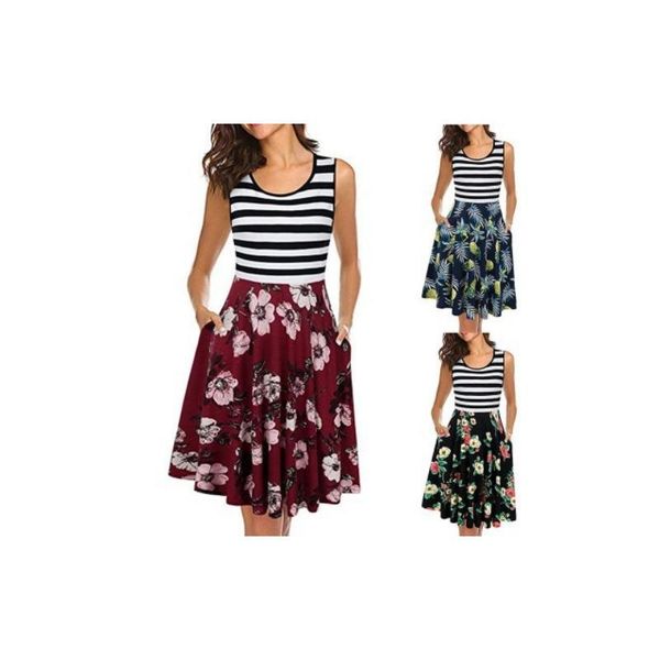 

women's female ladies elegant leisure casual u-neck stripes floral printing sleeveless pockets slim baggy swing dress, Black;gray