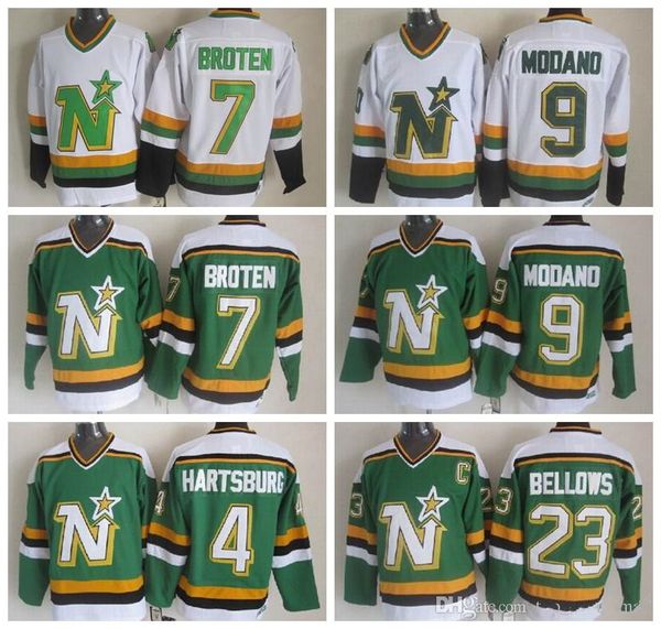 

men 4 craig hartsburg jersey dallas stars 9 mike modano 7 neal broten 23 brian bellows ice hockey jerseys vintage ccm green white, Black;red