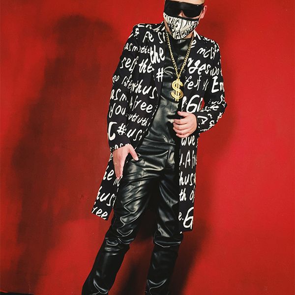 

men fashion print hip hop long casual blazer jacket male slim fit suit coat stage party clothing custom made costumes, White;black