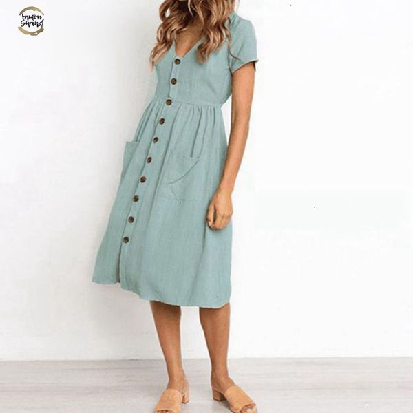 

womens fashion summer classic dresses short sleeve v neck above knee mini button decorative swing midi dresses with pockets vestidos, Black;gray