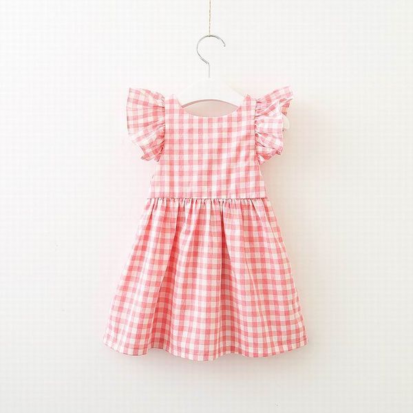 

girl plaid dress 2020 summer new style backless big bow cotton flare sleeve princess dress kid clothes lt032, Red;yellow