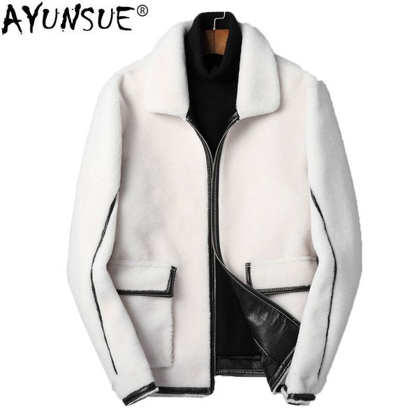 

ayunsue short real fur coat men sheep shearing 100% wool jacket autumn winter warm mens fur coats veste hiver homme kj1426, Black