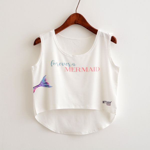 

2019 women's summer new t-shirt avatar mermaid print umbilical female short before long fashion vest t-shirt tide, White