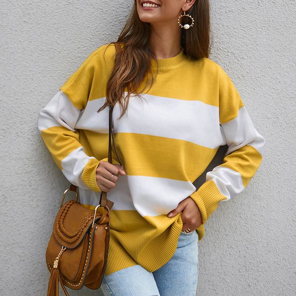 

whosong striped patchwork knitted pullover sweater women long sleeve loose jumpers autumn winter ladies streetwear sweater, White;black