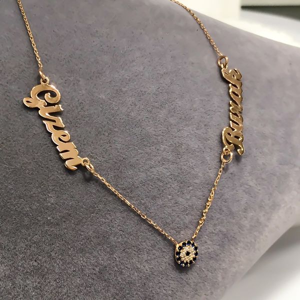 

tiny evil eye two name valentine gift silver necklace