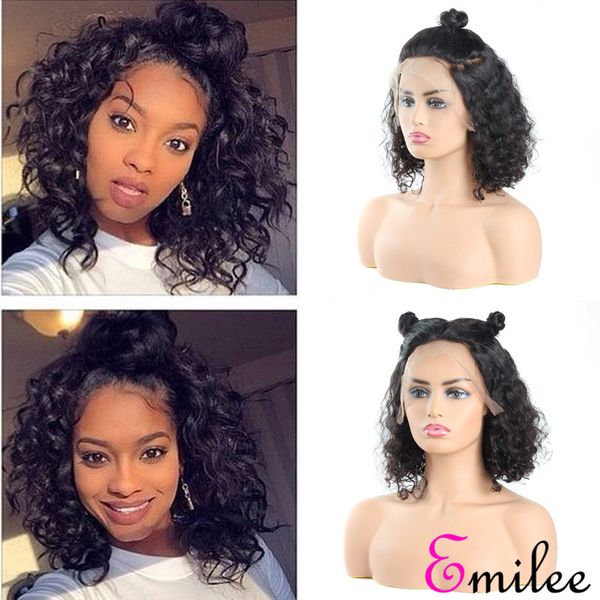 

emilee curly lace bob wigs hd transparent lace short bob wig 12" human virgin remy hair curly bob wigs, Black;brown