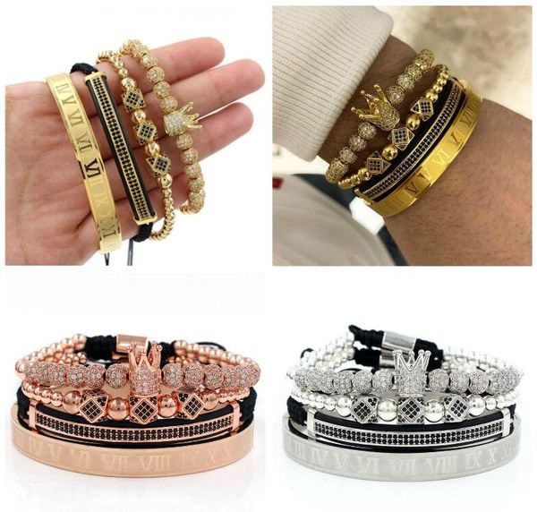 

luxury roman royal zircon crown charm bracelet set men fashion 2020 new gold braided adjustable men bracelet for hip hop jewelry gift, Black