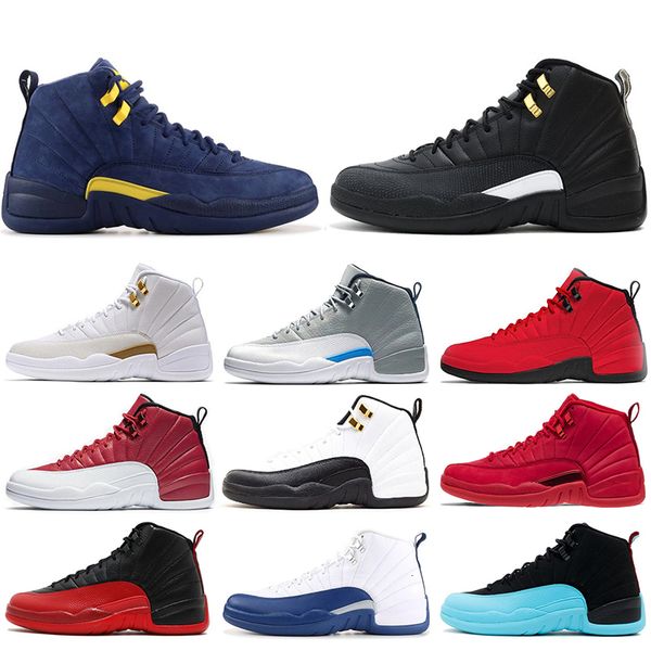 

12 12s mens basketball shoes gym red bulls flu game taxi bordeaux college navy dark grey designer men sports sneakers size 7-13