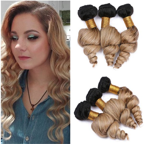 Malaysian Human Hair 1b 27 Honey Blonde Ombre Loose Wave Weave Bundles Light Brown Ombre Virgin Hair Wefts Dark Roots Mixed Length Brazilian Human