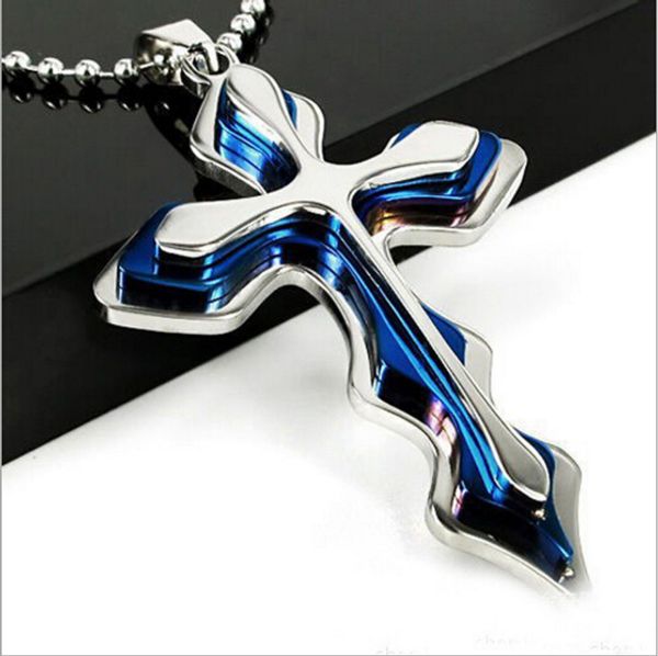 

punk rock unix men's cool silver blue stainless steel biker wave cross pendant necklace accessories 2016