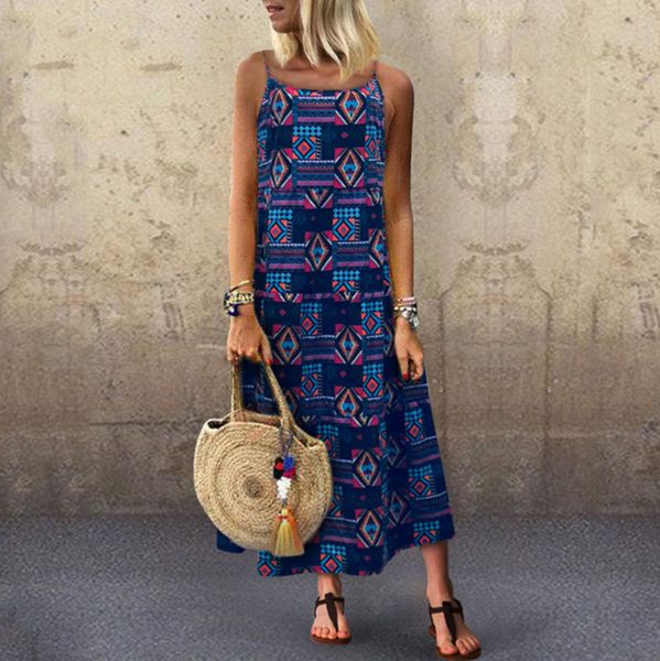

women loose summer sleeveless maxi dress strappy print retro long party summer dresses 2019 boho beach dress dresses new, Black;gray
