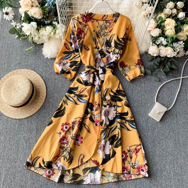 

party dresses 2021 retro women chiffon floral printed v-neck dress female asymmetric elegant calf length robe with puff sleeves 061511, White;black