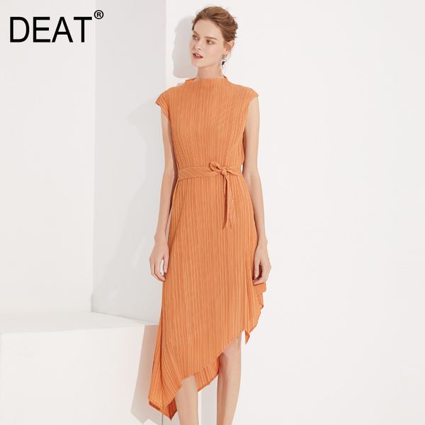 

casual dresses [deat] 2021 tide pleated woman dress leisure solid irregular short sleeve waist slim fit half turtleneck aq979, Black;gray