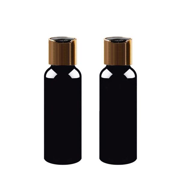 100/150/200 / 250ml Bottiglia di lozione cosmetica in plastica nera vuota con contenitori in PET per shampoo con coperchio a vite a disco d'oro, confezione cosmetica