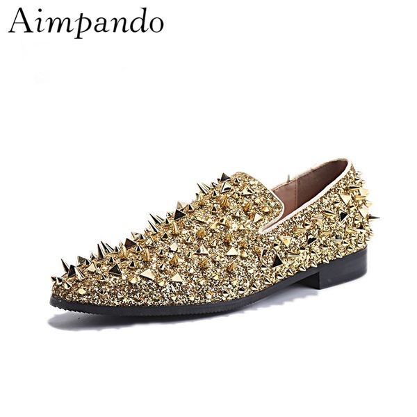 

spiked gold rivet flat loafers concise round toes slim bling sequins gold male wedding shoes men shoes, Black