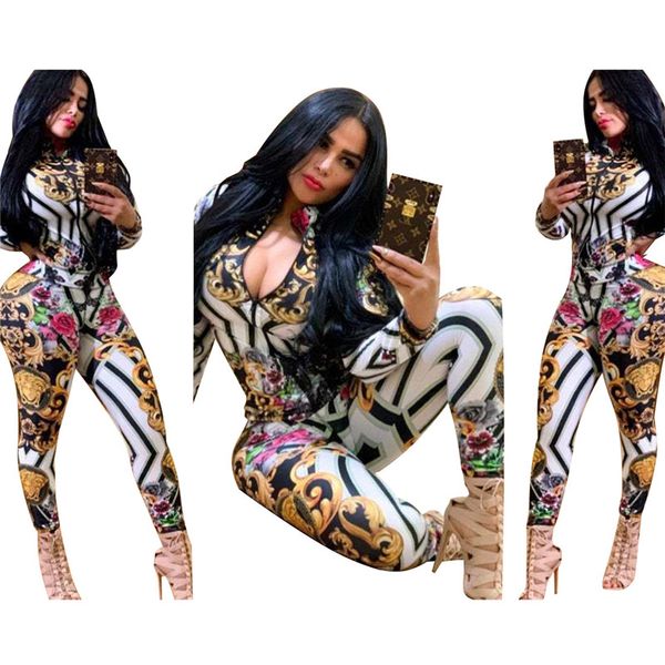 

2019 luxury designer womens tracksuits 2 pieces sets long pants flora print zip neck long sleeve suits womens fashion tracksuits, White