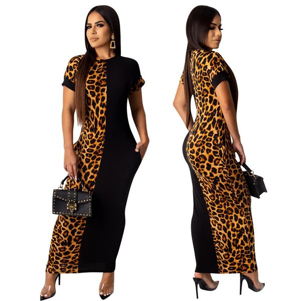 

womens designer leopard panelled women dresses summer club slim short sleeved crew neck long dresses fashion women party dresses, White;black