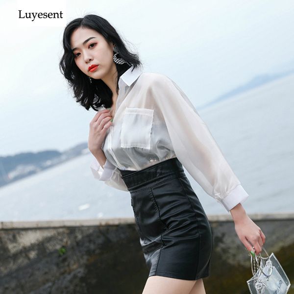 

women solid thin transparent basic blouse femme loose full sleeve pockets sun protect shirt single breasted korean style top, White