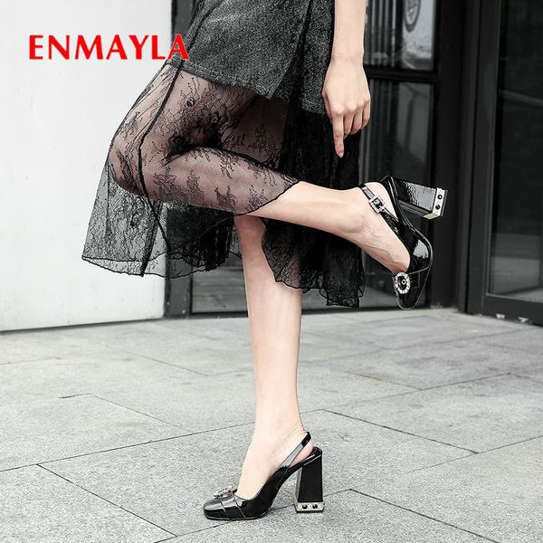 

enmayla 2020 party patent leather womens shoes slingbacks buckle strap wedding shoes square heel round toe women pumps 34-43, Black
