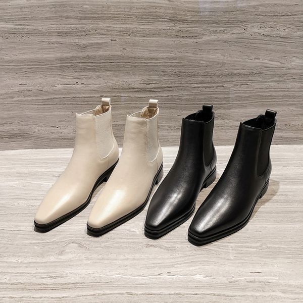 

mljuese 2020 women ankle boots soft cow leather slip on winter black color low heels square toe women boots size 40