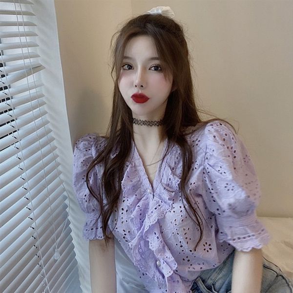 

2020 summer gentle wind sweet taro purple french girl bubble sleeve ethnic group design sense minority girls, White