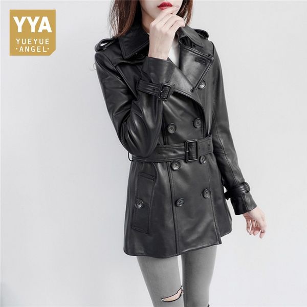 

autumn genuine leather jacket women coat black sheepskin motorcycle clothing female sashes slim double breasted design jacket