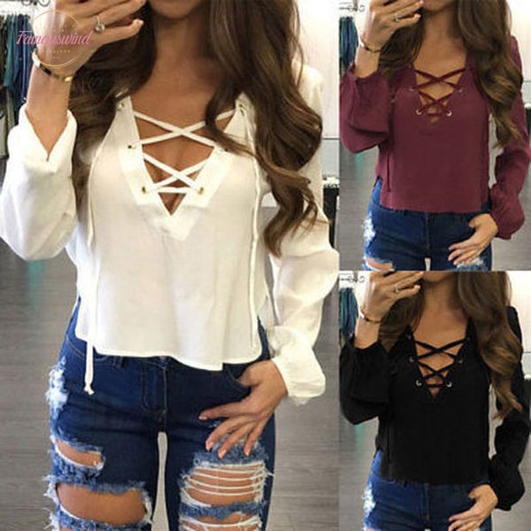 

womens clothing 2020 fashion women ladies lantern sleeve loose blouses summer v neck lace up casual shirt, White