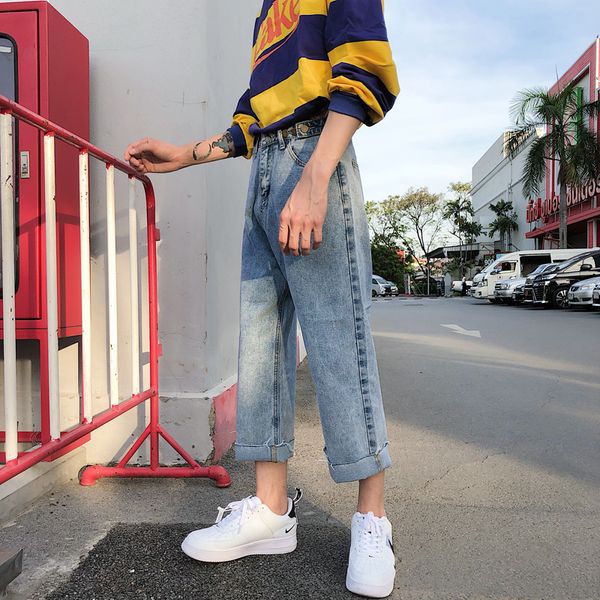 

2019 spring new ins port wind original solid color neutral street shooting couple pants bf denim nine pants blue s-xl