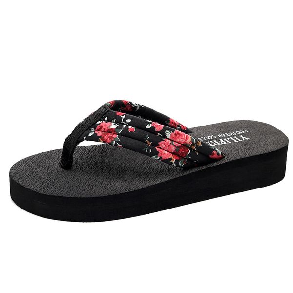 

2020 new summer outside prevent slippery leisure bohemian flower ethnic style flat shoes female sandals sandals beach slippers, Black