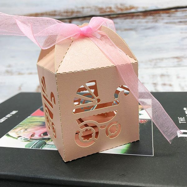 

blue pink laser cut cookie box packaging baby carriage pearl paper cake and candy box party favors for kids birthday 50pcs/lot