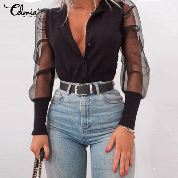 

summer 2019 celmia women stylish mesh patchwortk blouse long puff sleeve sheer see-through blusas femme party shirts, White