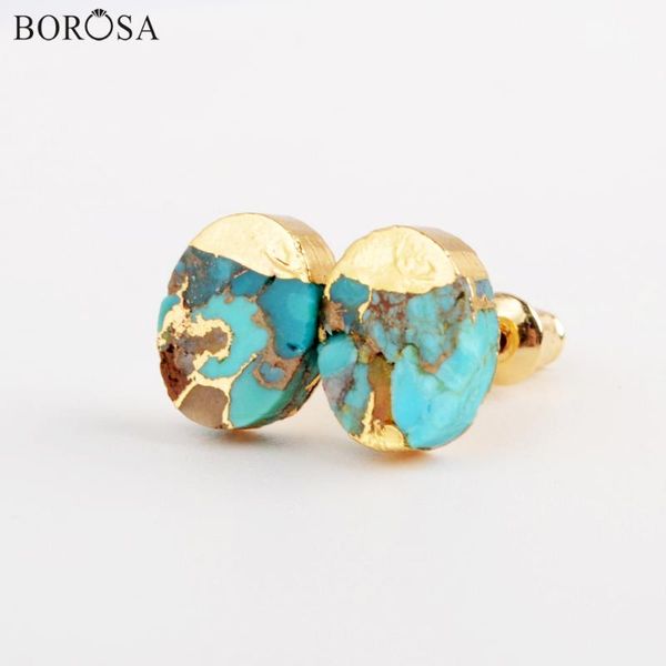 

borosa oval shape blue turquoises stud earrings with veins fashion natural gems stones earrings for women retro jewelry g1982, Golden;silver