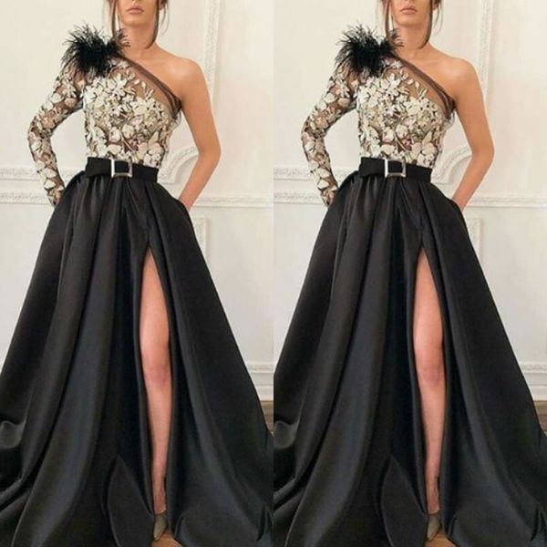 

Modern one houlder black atin a line evening gown long leeve applique front plit long prom dre e for pecial occa ion wear