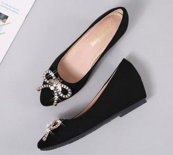 

2019 women's shoes in spring and autumn with new style slope heel pointed end suede bowknot water drill#40, Black