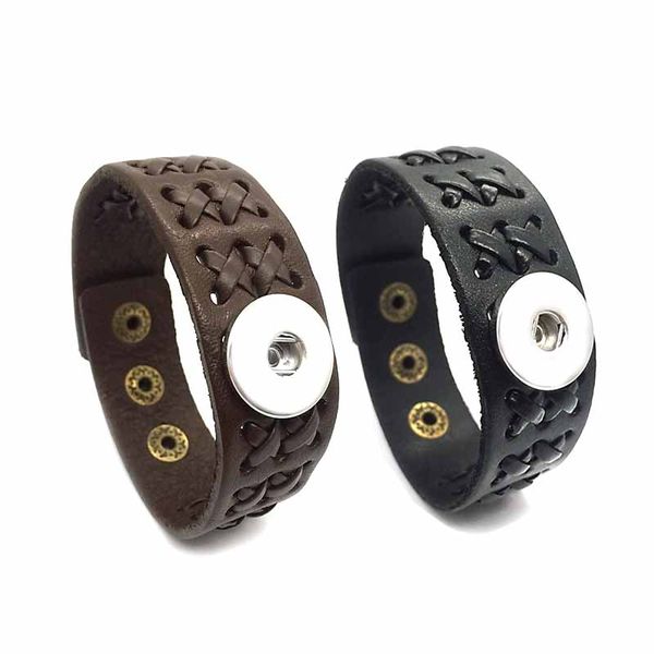 

fashion punk 256 interchangeable really genuine leather retro bracelet 18mm snap button bangle charm jewelry for women men gift, Black