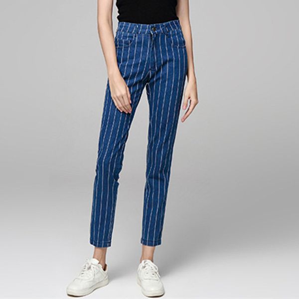 

borntogirl women casual slim high waist blue striped jeans woman pencil pants