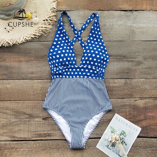 

cupshe синий горошек и полосы печати цельный купальник sexy женщины монокини пляжная 2020 девочка пляж купальный костюм купальный костюм, White;black