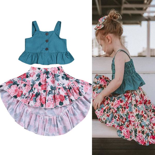 

kids clothes 2 colors summer children clothing set girls vest +print flower skirt 2pcs kids designer clothes girls jy311, White